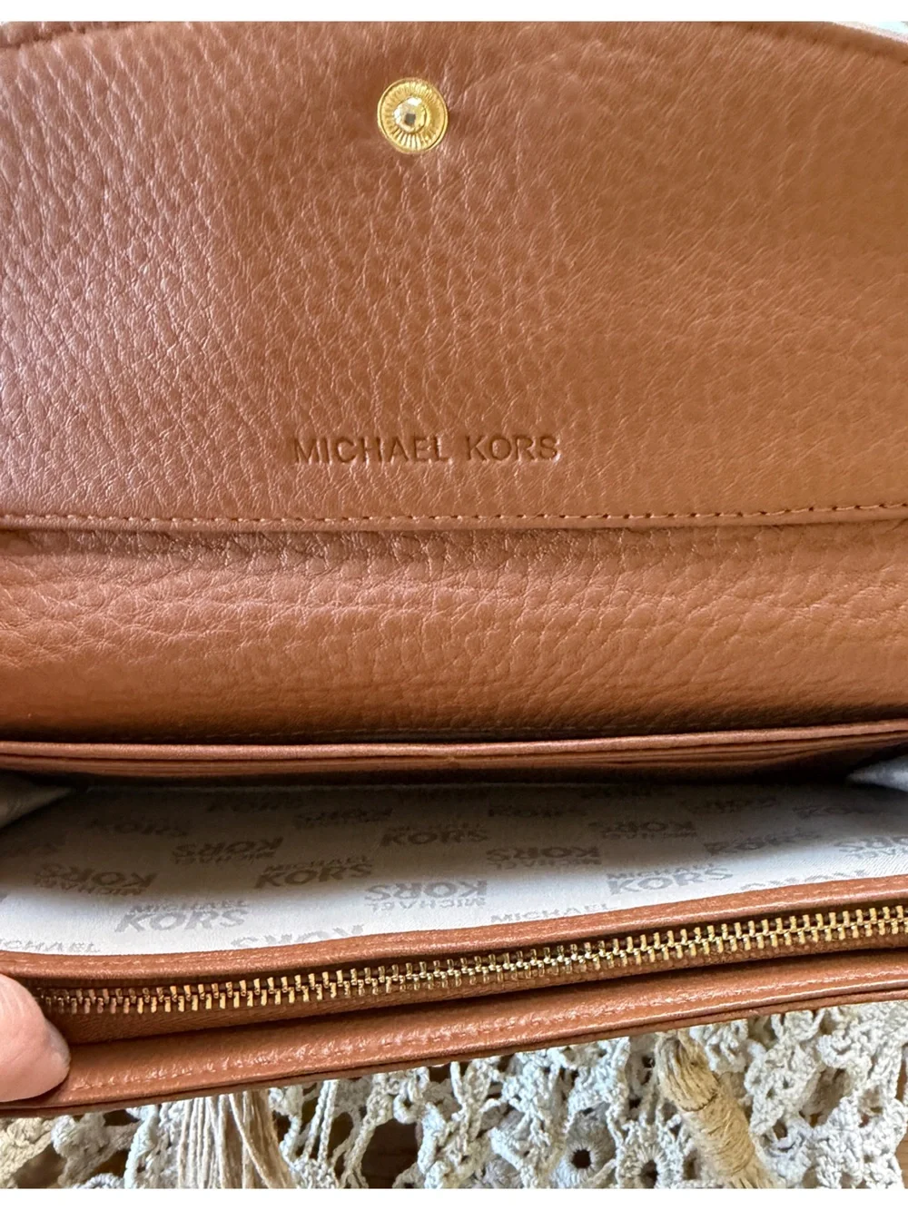 Michael Kors Cognac Pebbled Leather Continental Wallet with Gold Plaque